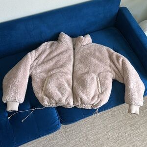 REVERSIBLE light pink & cream tan wife mob puffer jacket (snowboarding friendly)